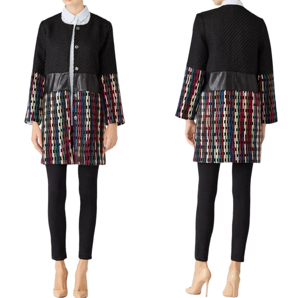 Lavand Women's Multi Black Textured Twill Colorblock Coat Jacket Size S Classy